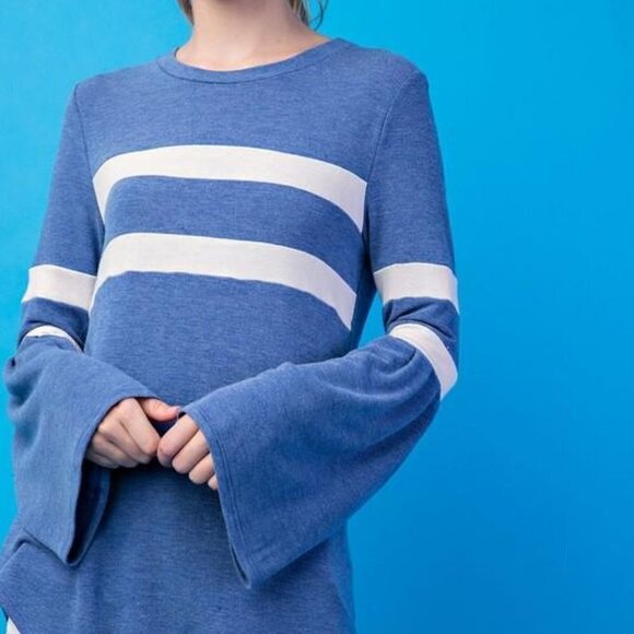12 PM BY MON AMI Terry Varsity Bell Sleeve Blue & White Sweater Size Large NWT - Picture 2 of 3